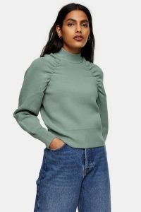 TOPSHOP Sage Gathered Sleeve Knitted Sweatshirt ~ green ruched sweatshirts