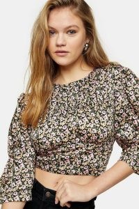 TOPSHOP Satin Ditsy Floral Print Ruched Cropped Blouse / open back crop waist blouses