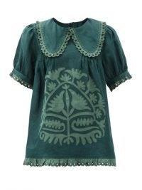 VITA KIN Shalimar floral-appliqué linen blouse / green folk blouses / boho top