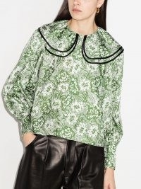 Shrimps floral print silk blouse / green large collar blouses