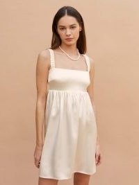 REFORMATION Sunshine Dress ~ short ivory ruched strap wedding dresses ~ beautiful alternatives to a bridal gown