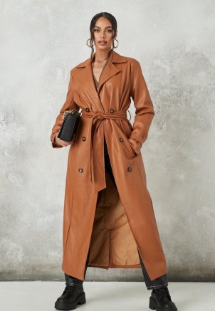 MISSGUIDED tan faux leather belted trench coat