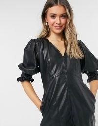 Topshop faux leather v-neck mini dress in black | LBD | puff sleeve dresses