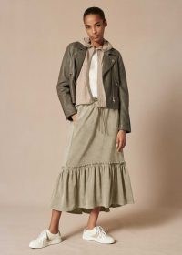 meandem Ultimate Drape Superfine Cord Track Skirt ~ sage green tiered hem corduroy skirts ~ me and em fashion