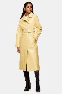 TOPSHOP Yellow Snake Print PU Vinyl Belted Coat ~ faux leather reptile embossed coats ~ animal effect outerwear