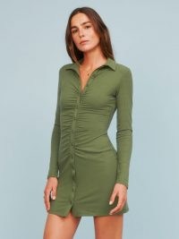 REFORMATION Amy Dress ~ green ruched mini dresses