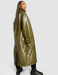 ASOS DESIGN button through vinyl trench coat in olive ~ green longline high-shine coats