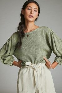 Pilcro Terri Washed Waffle Top | green casual balloon sleeve tops