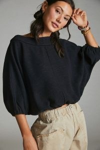 Anthropologie Sandra Boat Neck Top | casual black cotton volume sleeve tops