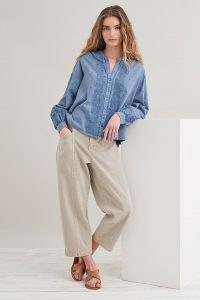 ANTHROPOLOGIE Embroidered Cotton Flare-Sleeve Blouse / floral embroidery / blue volume sleeve summer blouses