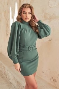 LAVISH ALICE balloon sleeve open back mini dress in deep pine ~ green high neck ruched waist dresses