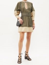 CHLOÉ Belted topstitched mini dress ~ khaki-green and beige volume sleeve dresses ~ chic boho clothing