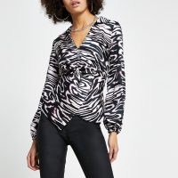 RIVER ISLAND Black animal print twist front shirt / monochrome blouse