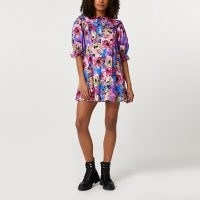 RIVER ISLAND Blue short sleeve shirt dress / floral oversized collar dresses