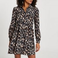 RIVER ISLAND Brown animal print shirt smock mini dress / front button dresses