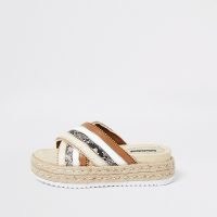 RIVER ISLAND Brown cross strap espadrille sandals / snake print flatform sandal