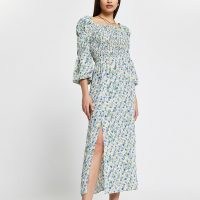 RIVER ISLAND Cream shirred puff sleeve maxi dress / floral split hem dresses