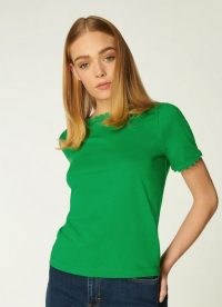 L.K. BENNETT DEE GREEN JERSEY RIC RAC TRIM T-SHIRT / scallop trim t-shirts