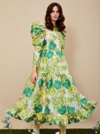 sister jane Sideshow Jacquard Maxi Dress – green floral oversized puff sleeve dresses – romantic bold print fashion