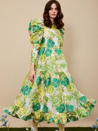 sister jane Sideshow Jacquard Maxi Dress – green floral oversized puff sleeve dresses – romantic bold print fashion