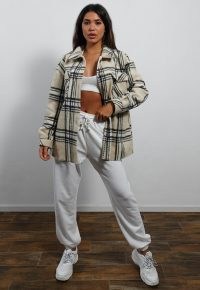 MISSGUIDED ecru check brushed back oversized shacket ~ checked shackets