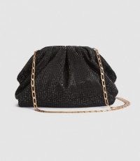 REISS ELLENA EMBELLISHED POUCH CLUTCH BLACK CRYSTALS ~ glittering chain strap evening bags