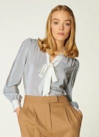 L.K. BENNETT GEORGIA DIAGONAL STRIPE SILK BLOUSE / blue and cream striped pussy bow blouses