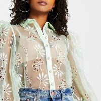 RIVER ISLAND Green floral organza cutwork shirt ~ sheer blously shirts ~ balloon sleeve blouse