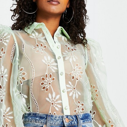 RIVER ISLAND Green floral organza cutwork shirt ~ sheer blously shirts ~ balloon sleeve blouse