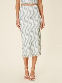 REFORMATION Iris Skirt Green Zig Zag ~ sheer mesh slim fitting skirts