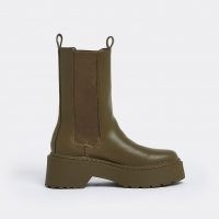 RIVER ISLAND Khaki faux leather patent chunky boots ~ green thick sole pull tab boot