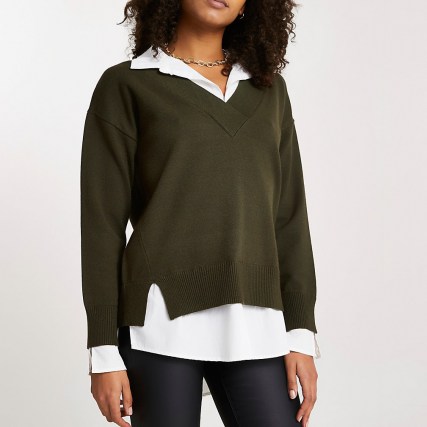 RIVER ISLAND Khaki hybrid poplin shirt Jumper