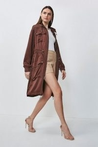 Karen Millen Luxe Crepe Satin Trench Coat in Chocolate | stylish brown coats