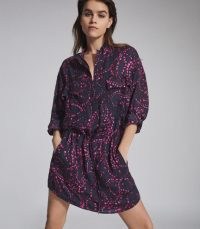 REISS NILA SWIRL PRINTED MINI DRESS NAVY PRINT ~ blue and pink drop waist dresses ~ casual clothing