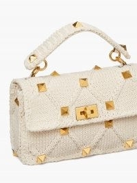 VALENTINO GARAVANI Roman Stud small knitted shoulder bag ~ white top handle flap bags ~ studded handbag