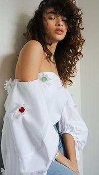 Rosie Assoulin Balloon Sleeve Top / white floral applique off the shoulder tops / bardot