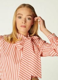 L.K. BENNETT RUBY STRIPED COTTON TIE NECK BLOUSE SALMON / candy striped blouses