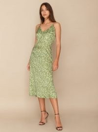 REFORMATION Sofia Dress Alexia ~ green floral slip dresses ~ cami strap ~ midi length