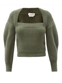 ALEXANDER MCQUEEN Square-neck ribbed green cotton sweater ~ crop hem sweaters with puff sleeves