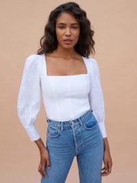 REFORMATION Stilton Top ~ white puff sleeve square neck tops ~ fitted bodice