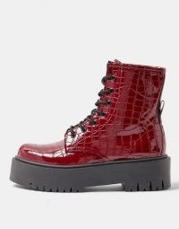 Topshop chunky croc patent boots in burgundy