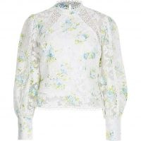 RIVER ISLAND White Print Ls Peplum Trim Top / floral lace trimmed tops / long sleeve romantic style blouse / semi sheer blouses