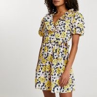 RIVER ISLAND Yellow floral print short sleeve wrap dress dresses for spring / ruffle neckline