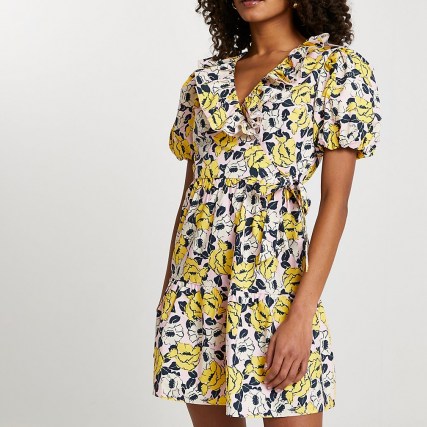 RIVER ISLAND Yellow floral print short sleeve wrap dress dresses for spring / ruffle neckline