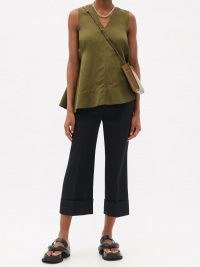 JIL SANDER Asymmetric fluted V-neck top ~ sleeveless khaki greeb summer tops