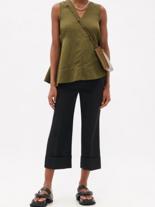 JIL SANDER Asymmetric fluted V-neck top ~ sleeveless khaki greeb summer tops