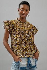 Othilia Federica Ruffled Blouse Yellow Motif / floral frill neck blouses