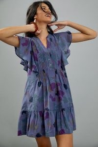 ANTHROPOLOGIE Giulietta Pintucked Mini Dress Blue Motif / floaty pullover style flutter sleeve dresses