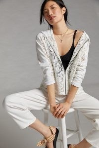 Eze Sur Mer Zia Lace Zip-Up Hoodie / white semi sheer floral hoodies