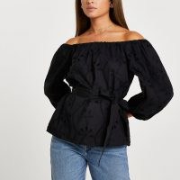 RIVER ISLAND Black broderie bardot top / off the shoulder tie waist tops / floral cut out